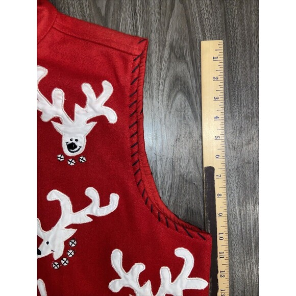 Life Style Red Christmas Vest Reindeer Appliques Full Zip Wool Women's LARGE - Picture 15 of 16